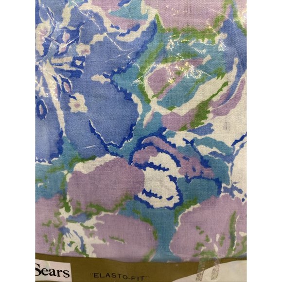 Sears Elasto-Fit Twin Fitted Sheet 39” X 75” Flower Power Mod MCM Blue Purple - Picture 13 of 14